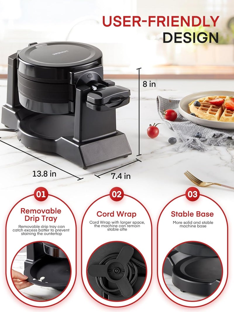 FOHERE Waffle Maker, 1400W Double Belgian Waffle Iron 180° Flip, 8 Slices in 3 Mins, Rotating & Nonstick Plates, Anti-Scald, Removable Drip Tray Easy to Clean, Cool Touch Handle, Space-Saving Storage(Black) - Image 5